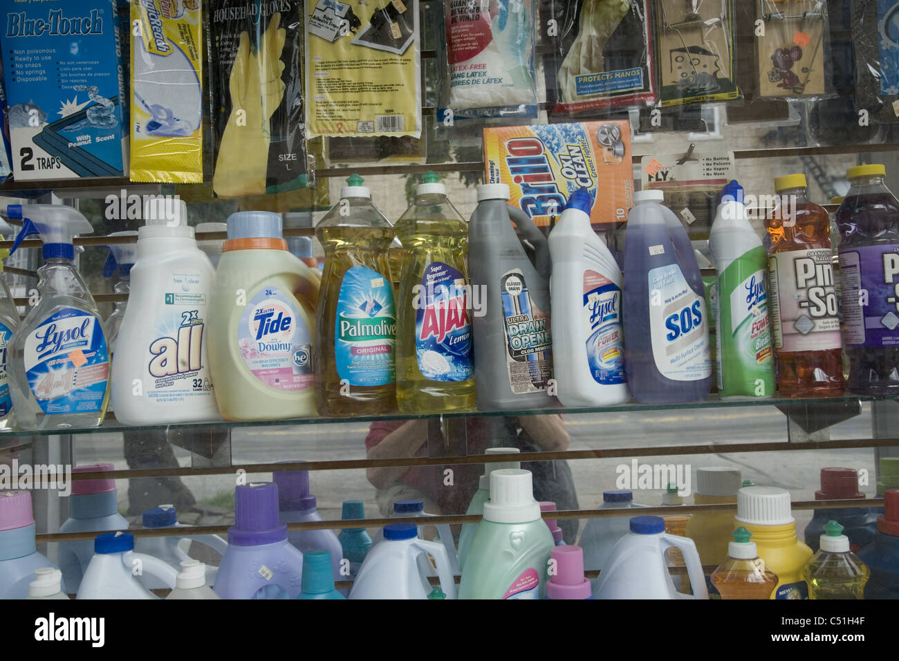 Store window display of household chemical cleaners. Brooklyn, NY Stock