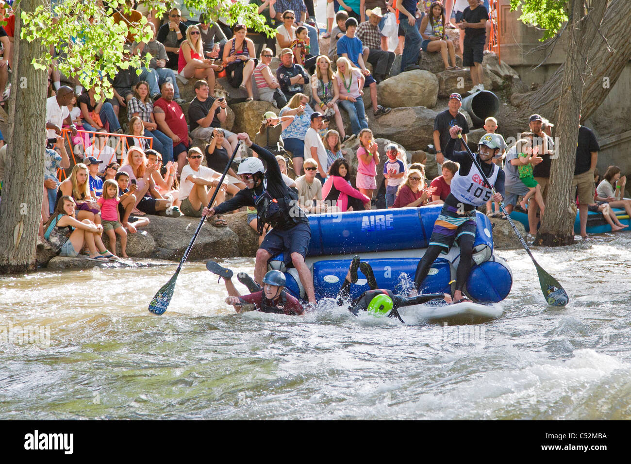 Competitors in the annual Fibark Hooligan Race float through the town