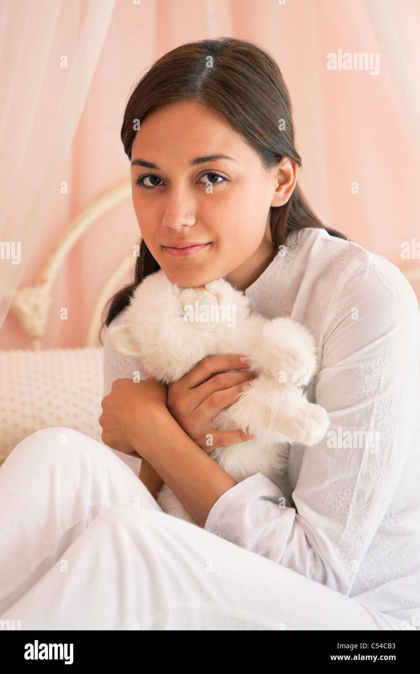 Woman Hugging A Teddy Bear Stock Photo Alamy