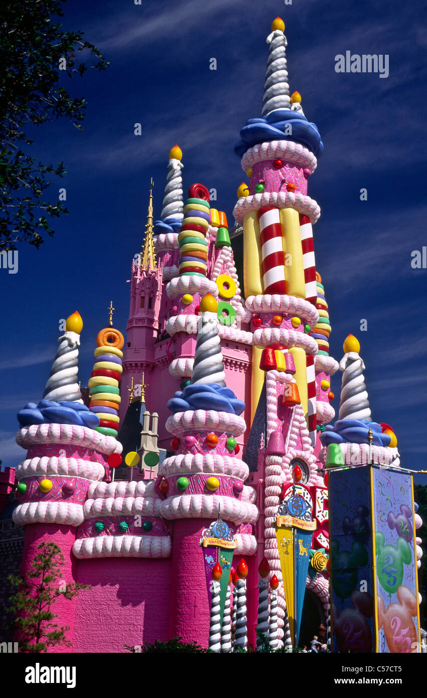 Disney World Florida and Cinderella's Castle decorated for the 25th