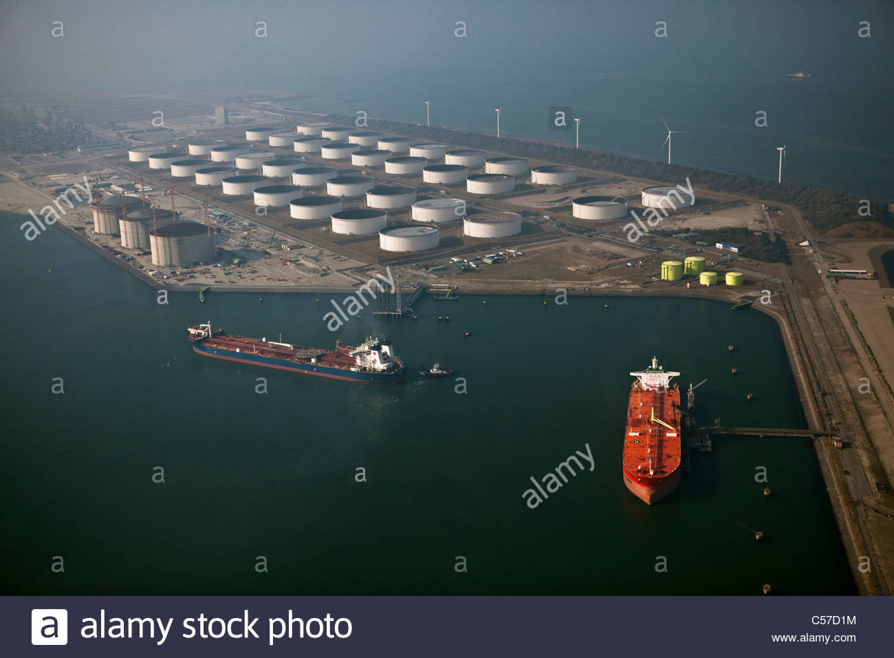 The Netherlands, Rotterdam, Port. Oil storage by sea. Aerial Stock