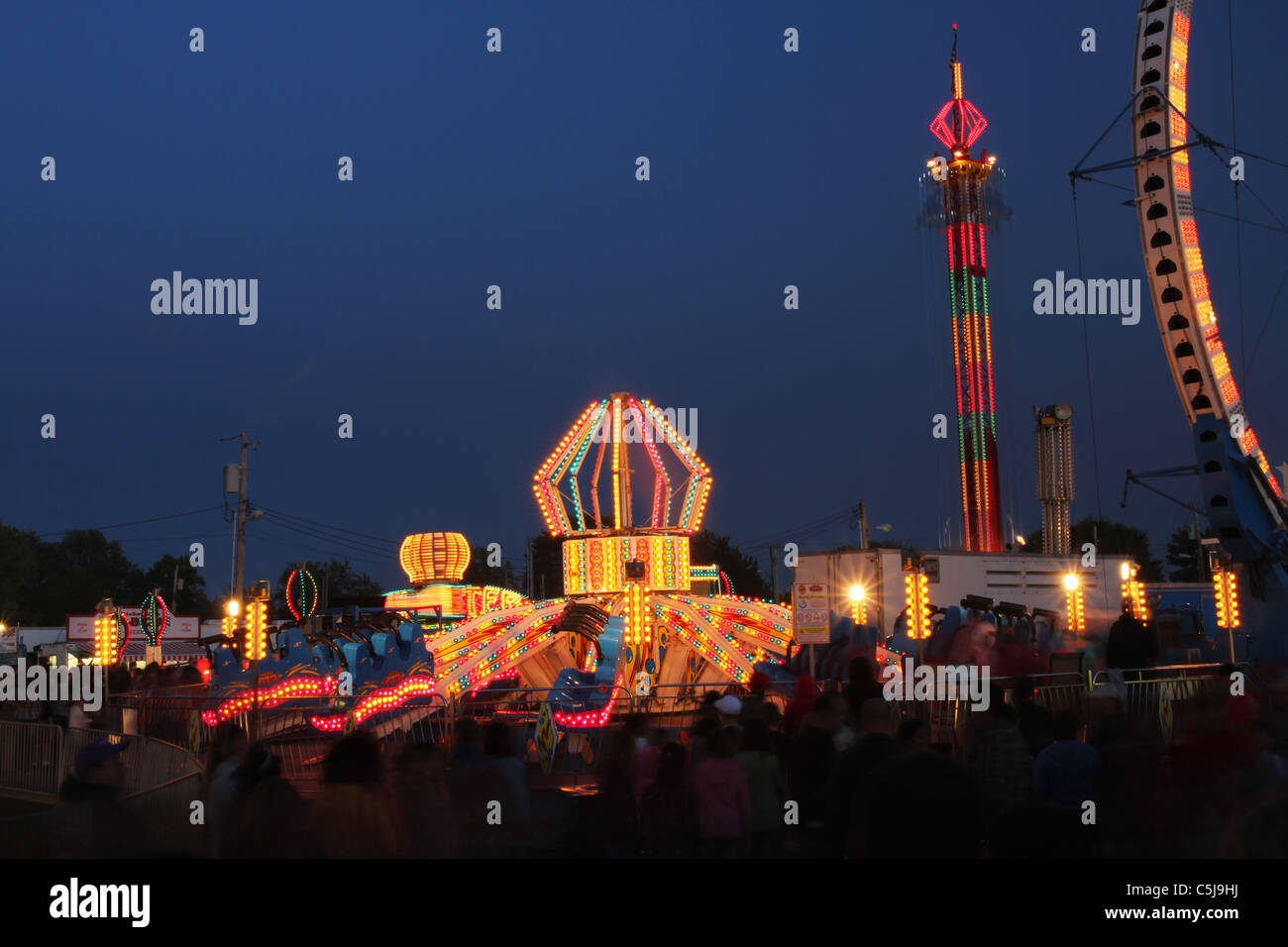 Carnival Rides at Night. Canfield Fair. Mahoning County Fair Stock