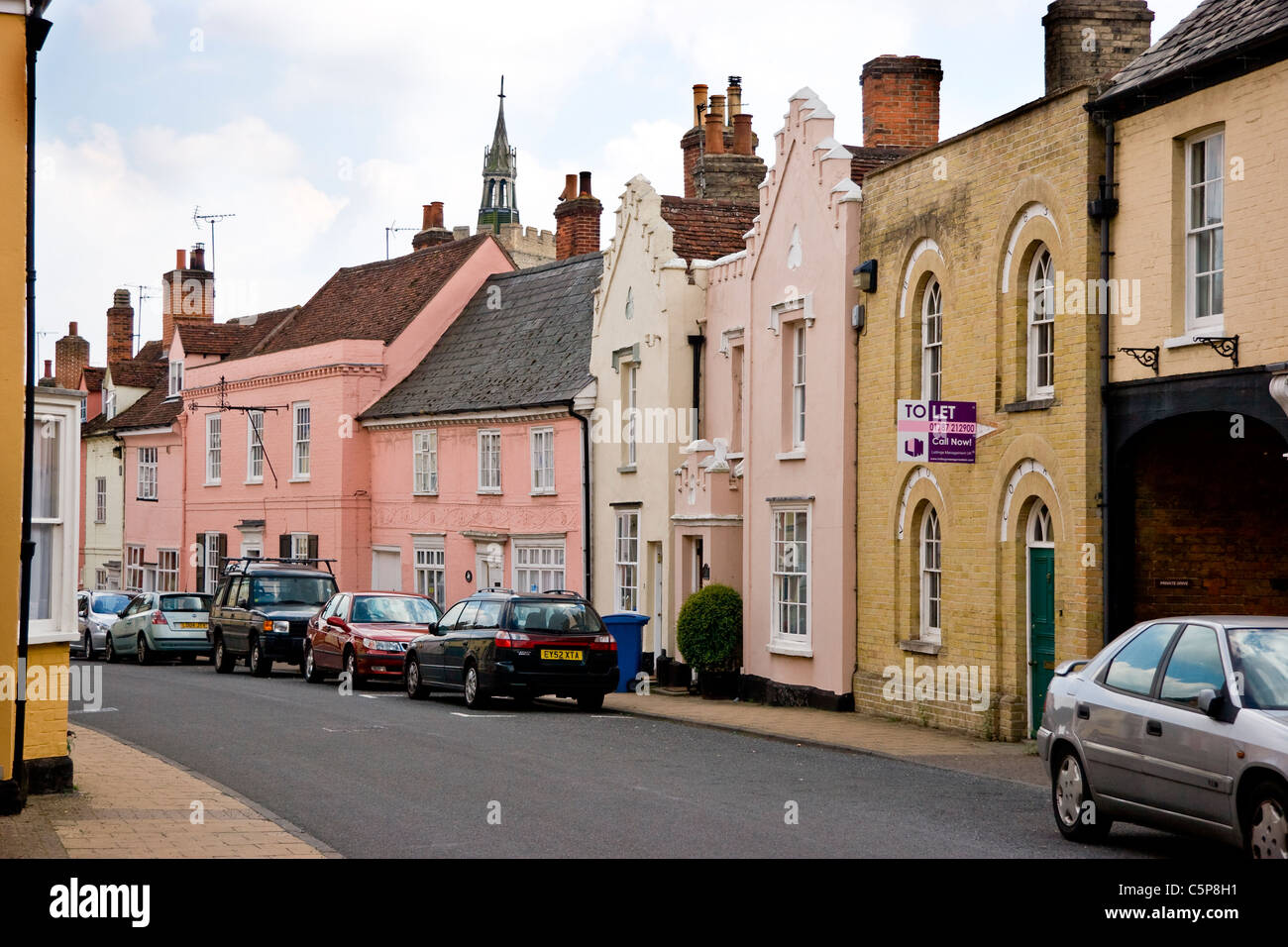Houses and St Mary Church, Swan Street, Boxford, Suffolk, England Stock