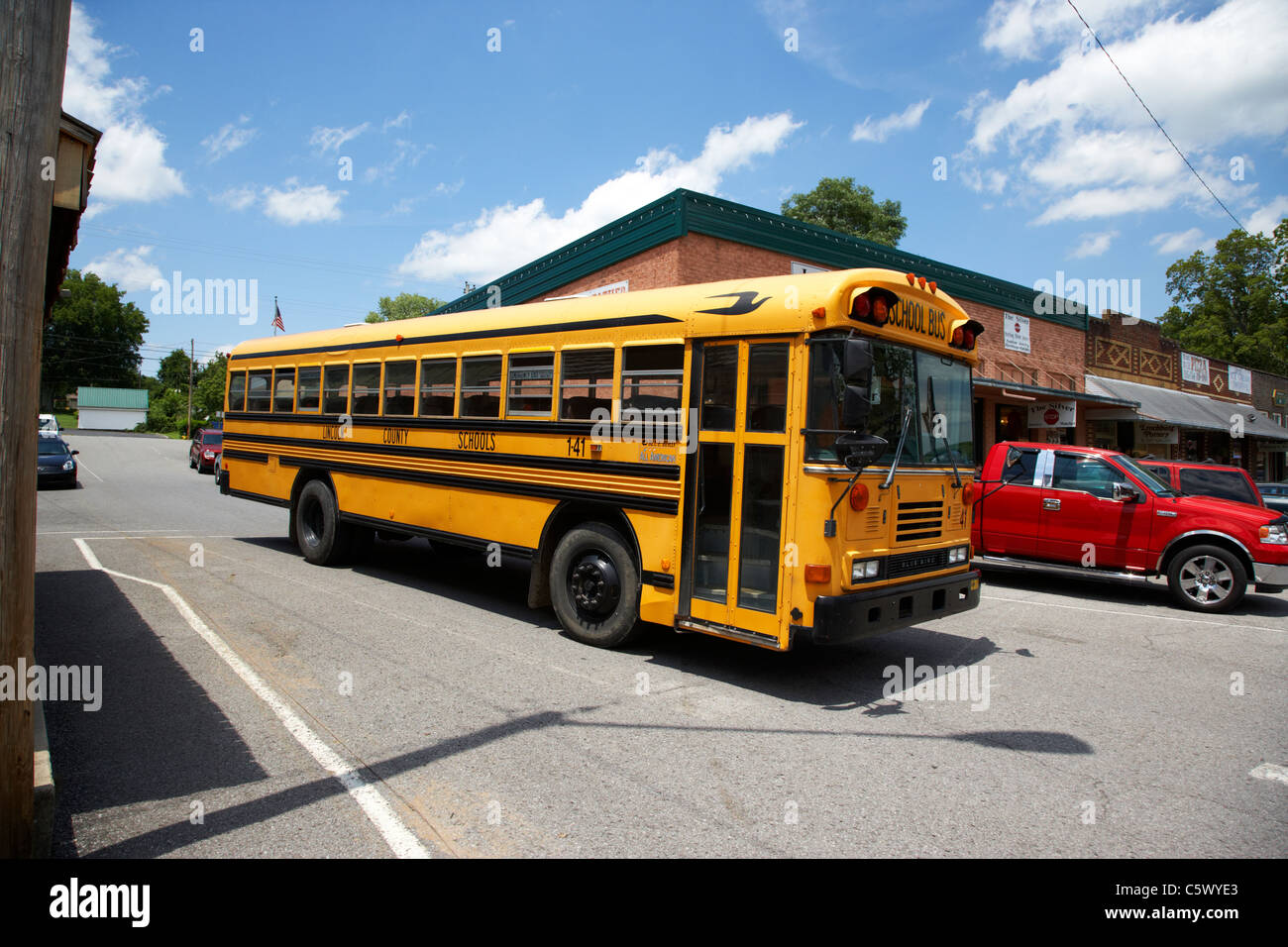 yellow american bluebird school bus in Lynchburg , tennessee , usa