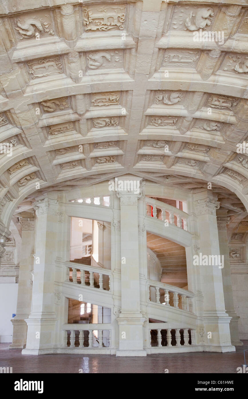 France, Loire Valley, Chambord Castle, The Grand Staircase Stock Photo