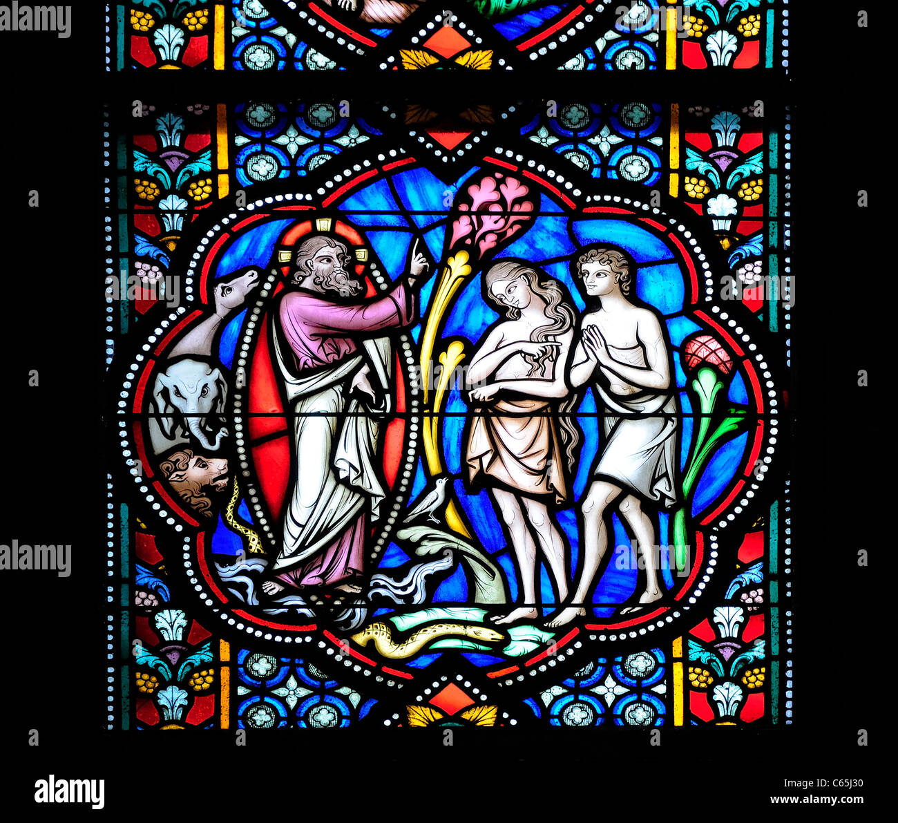 Brussels, Belgium. Cathedral of St Michael. Stained glass window Stock