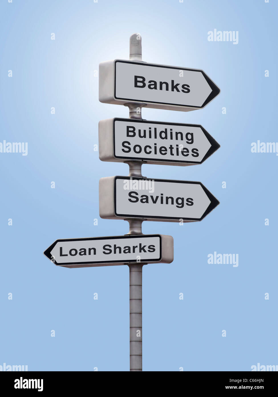 Sign with Banks, Building Societies, Savings pointing in one Stock
