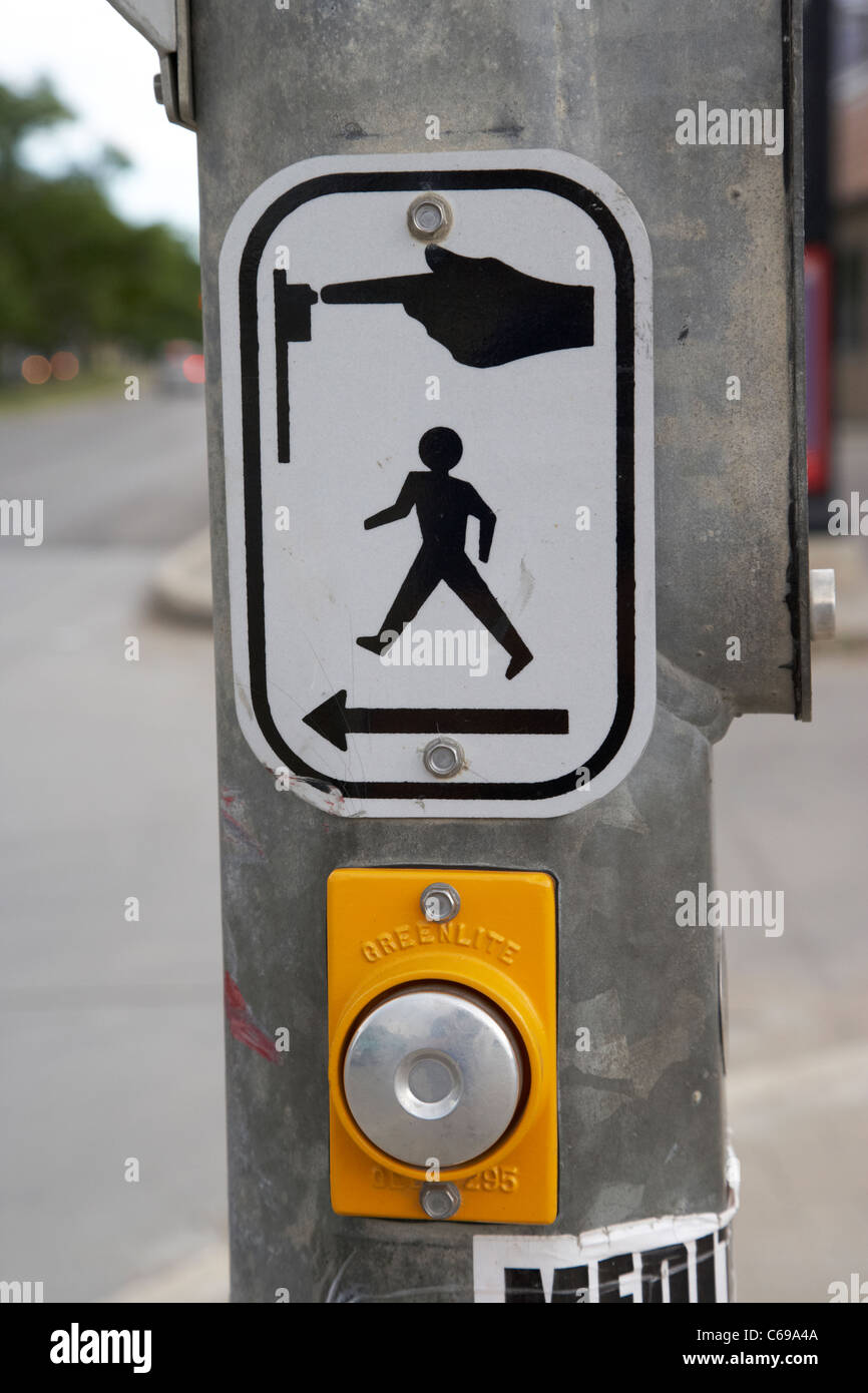 push button at pedestrian crossing crosswalk street road Winnipeg Stock