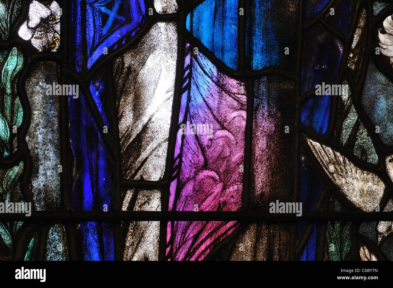 Stained glass detail, St. James the Great Church, Birstall Stock Photo