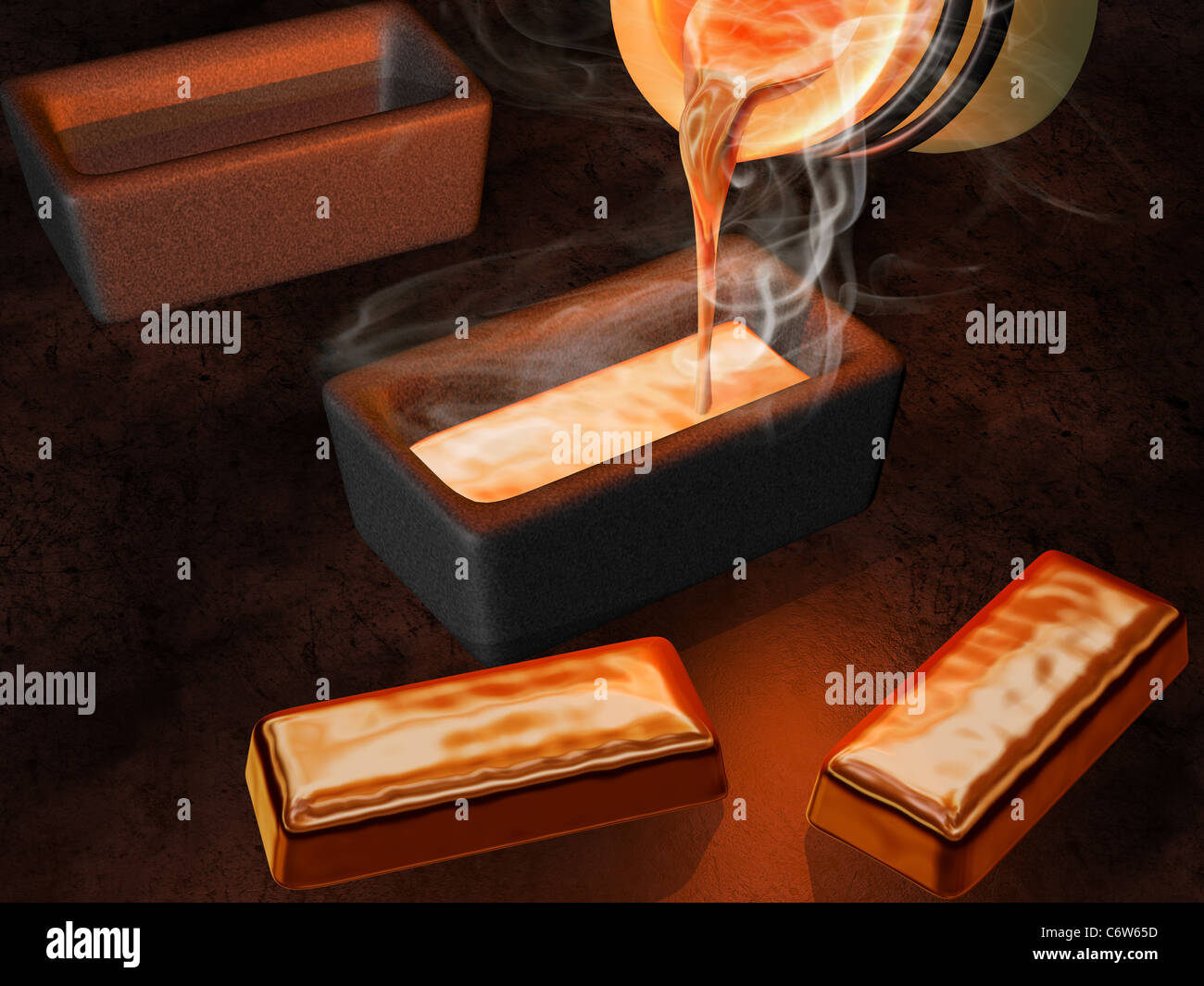 Illustration of a goldsmith casting gold into ingot molds Stock Photo
