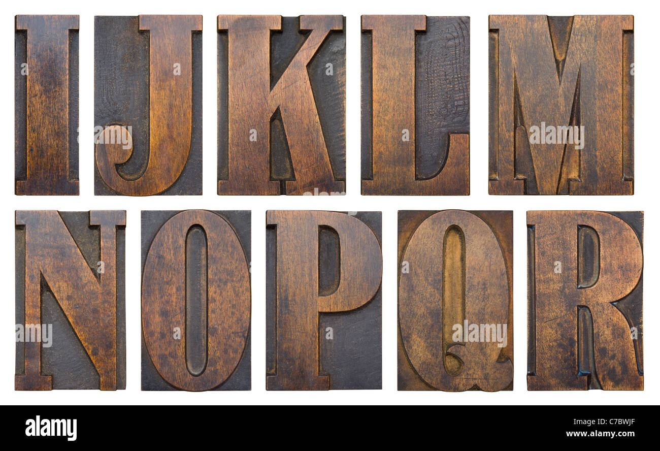 Part of an alphabet series in antique printer's woodblock letters Stock