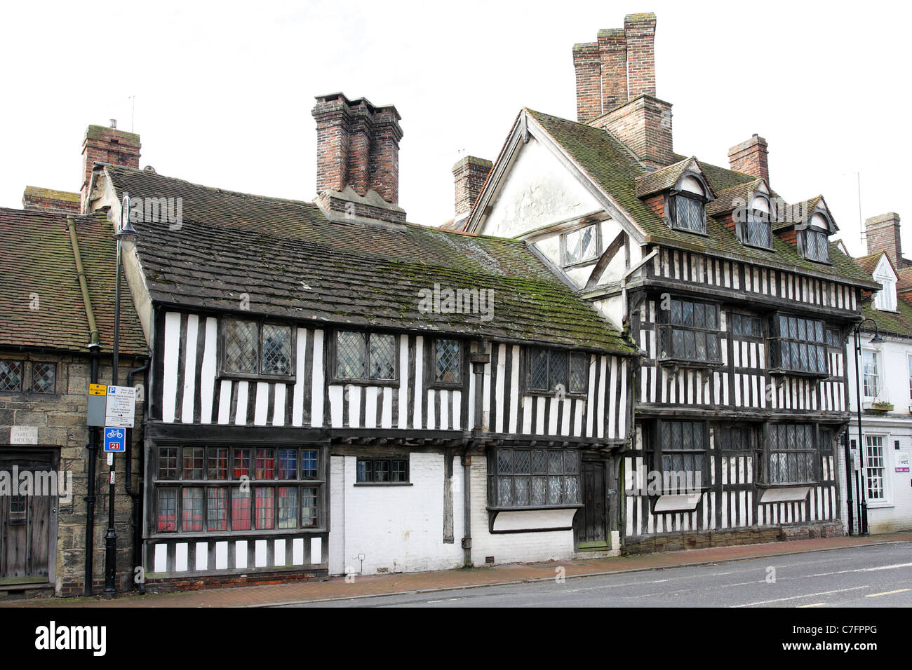 BLACK AND WHITE,timber framed Tudor houses situated in East Stock Photo