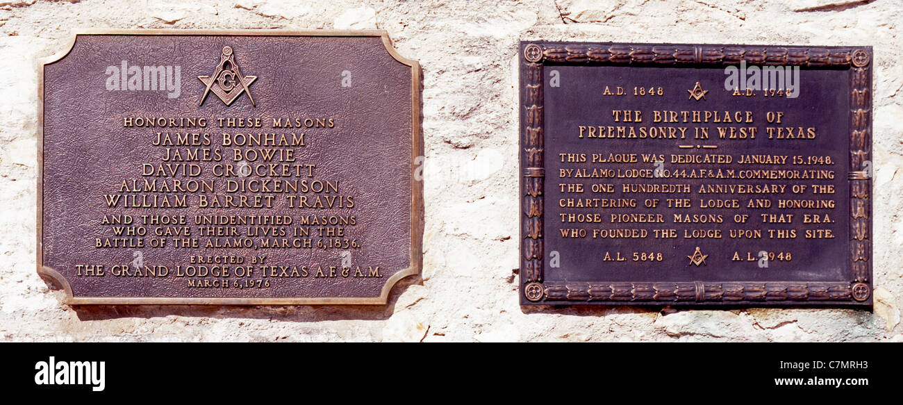 Plaques honouring Masons, The Alamo, San Antonio, Texas, USA Stock
