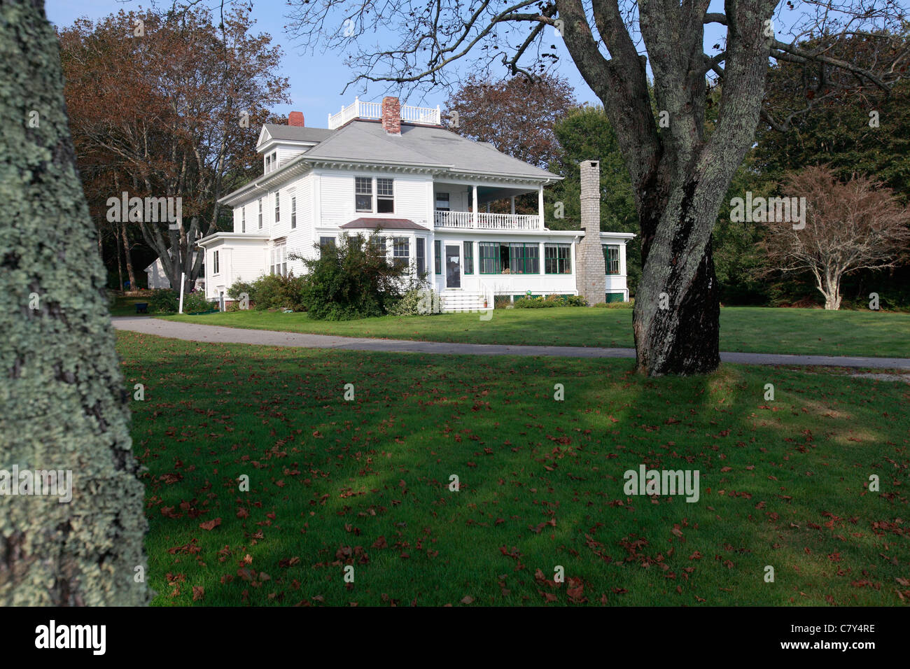 Large white house with porches built in the 1920s, Sullivan, Maine