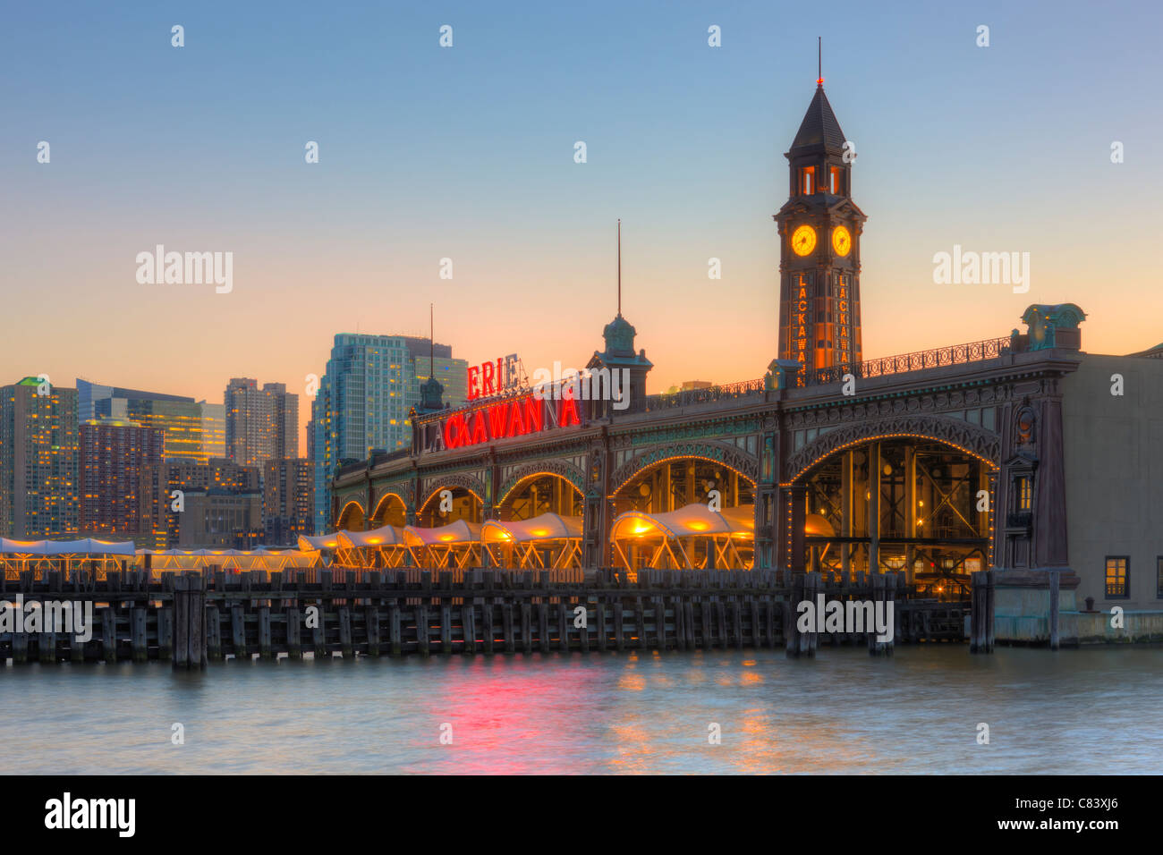 The Erie Lackawanna Terminal and Clock Tower illuminated during Stock Photo, Royalty Free Image