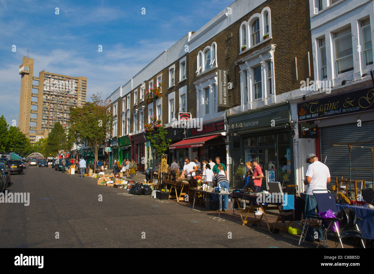 Golborne Road street on Saturday market day with flea market stalls