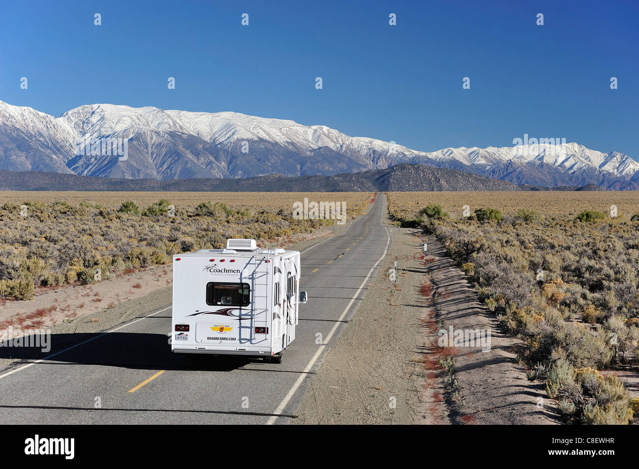 RV, Camper, driving, RV, road, near Benton, Sierra Nevada, Mountains