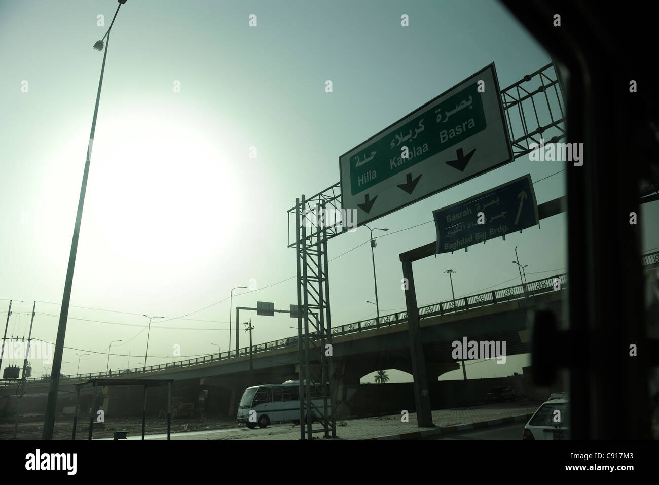 Iraq, Baghdad, road sign on the highway south to Hilla, Karblaa Stock