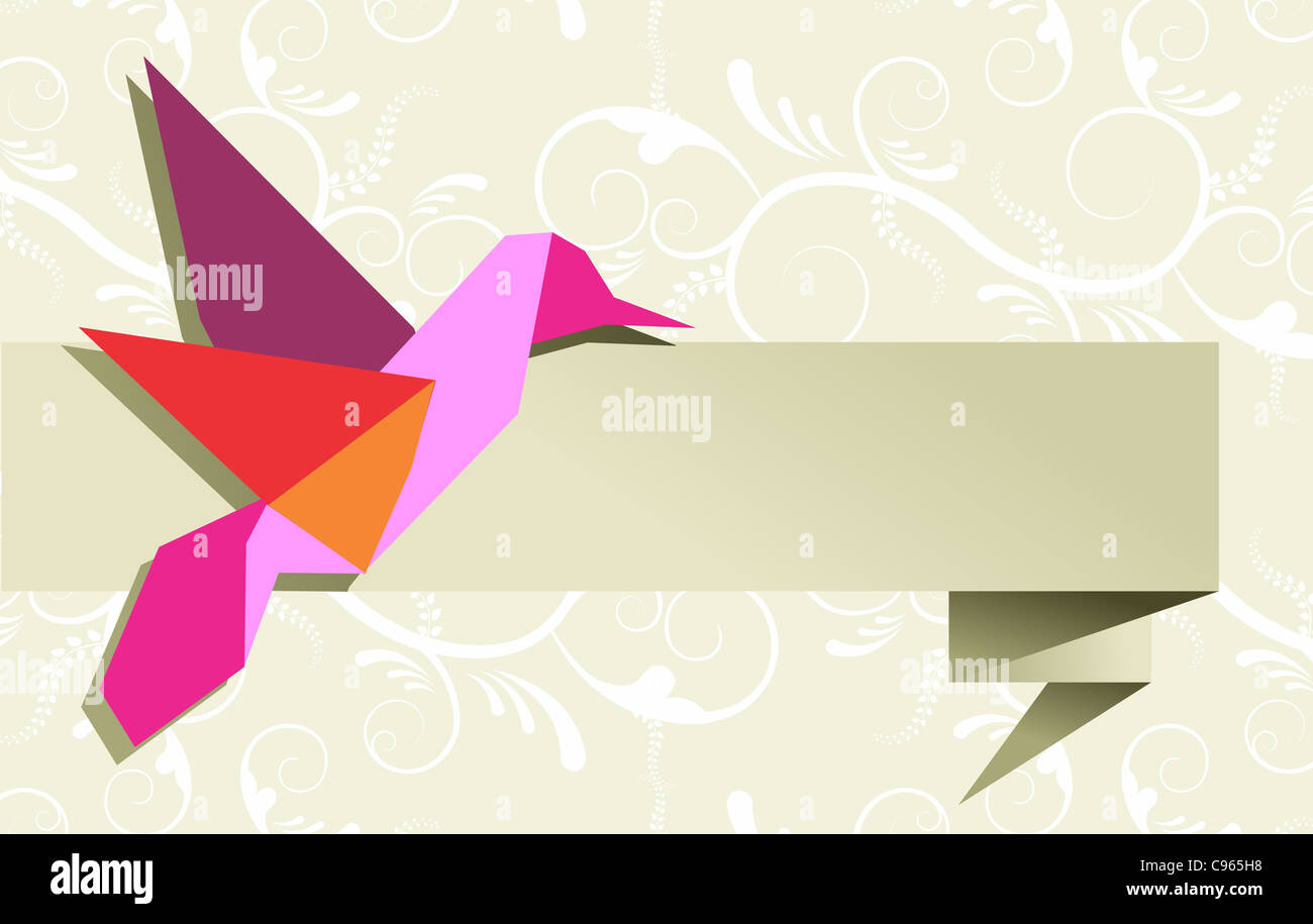 One Origami Hummingbird Over Floral Design Banner Background