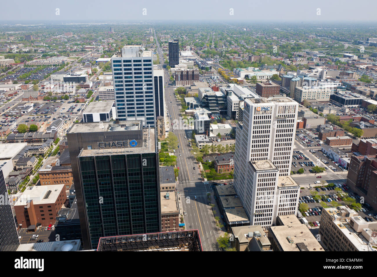 Aerial view of downtown Columbus, Ohio looking east down Broad Street