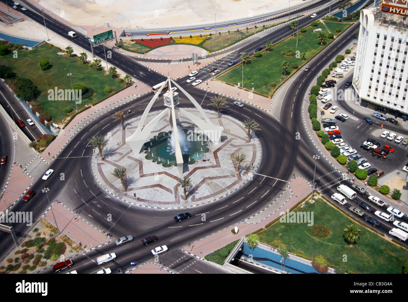 Dubai UAE Clock Tower Roundabout Aerial View Stock Photo, Royalty Free