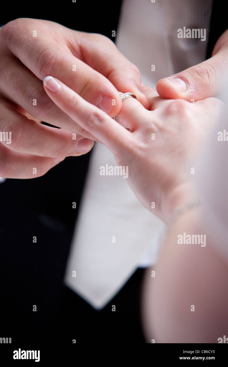 Groom Is Placing Wedding Ring On Bride S Ring Finger During Wedding Stock Photo Royalty Free