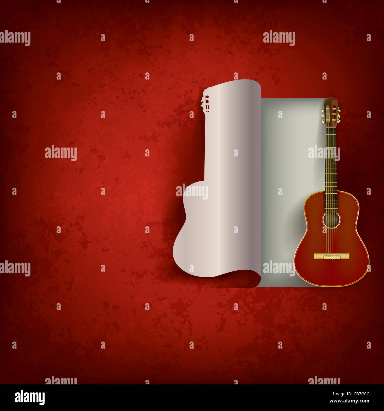 Acoustic Guitar On Abstract Grunge Red Background Stock Photo