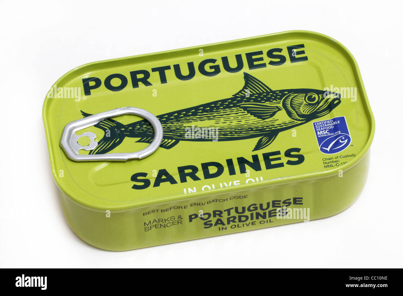 A tin of Portuguese Sardines in olive oil Stock Photo, Royalty Free