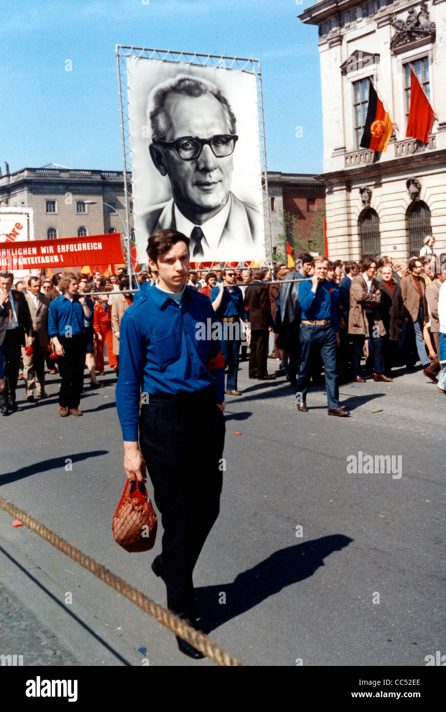 Demonstration on May 1st, 1973 in East Berlin with banners, flags and