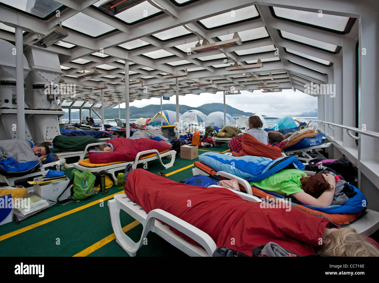 Passengers sleeping in the solarium. Ferry to Alaska. Inside Passage