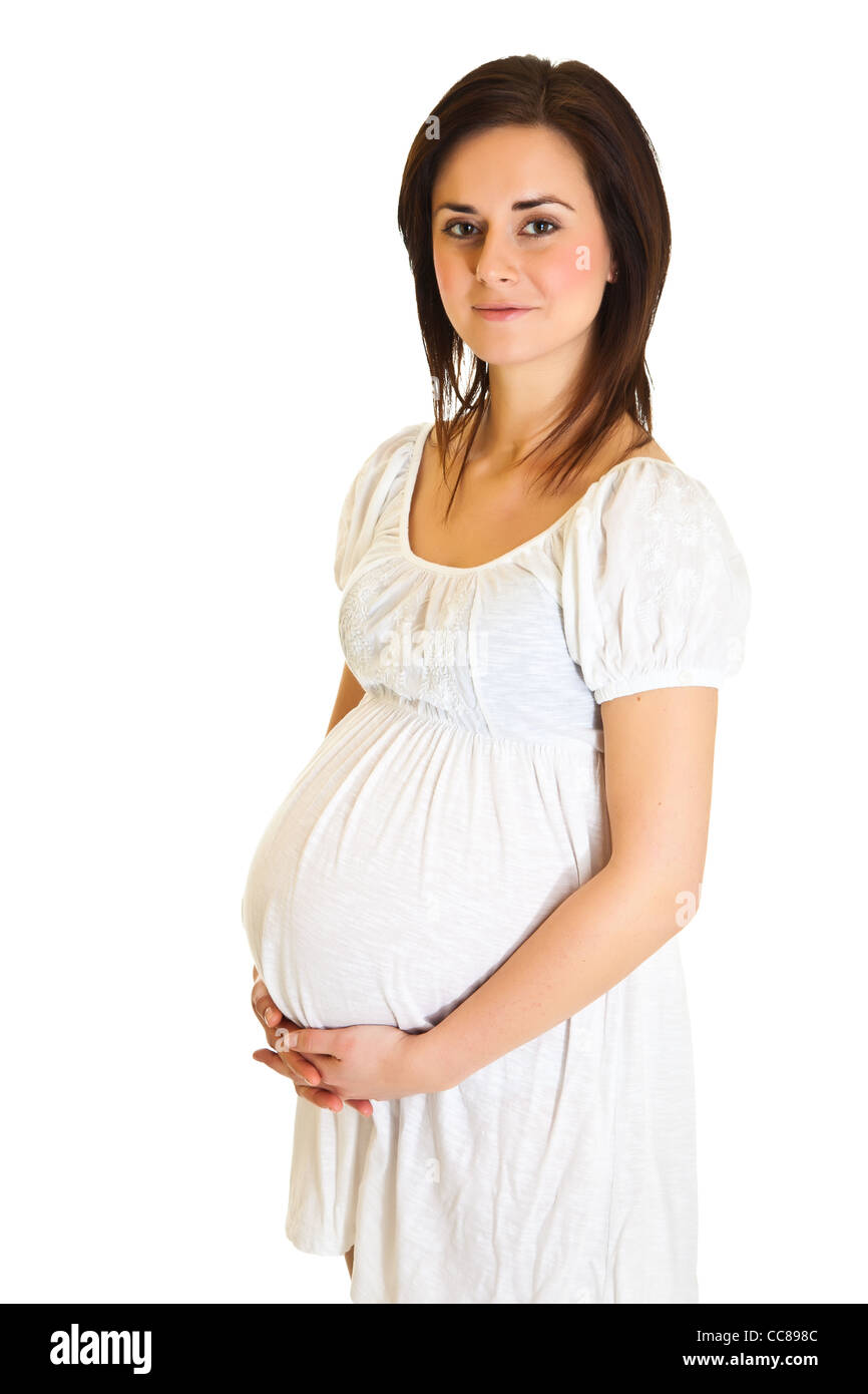 Pregnant Brunette Isolated On White Stock Photo Alamy