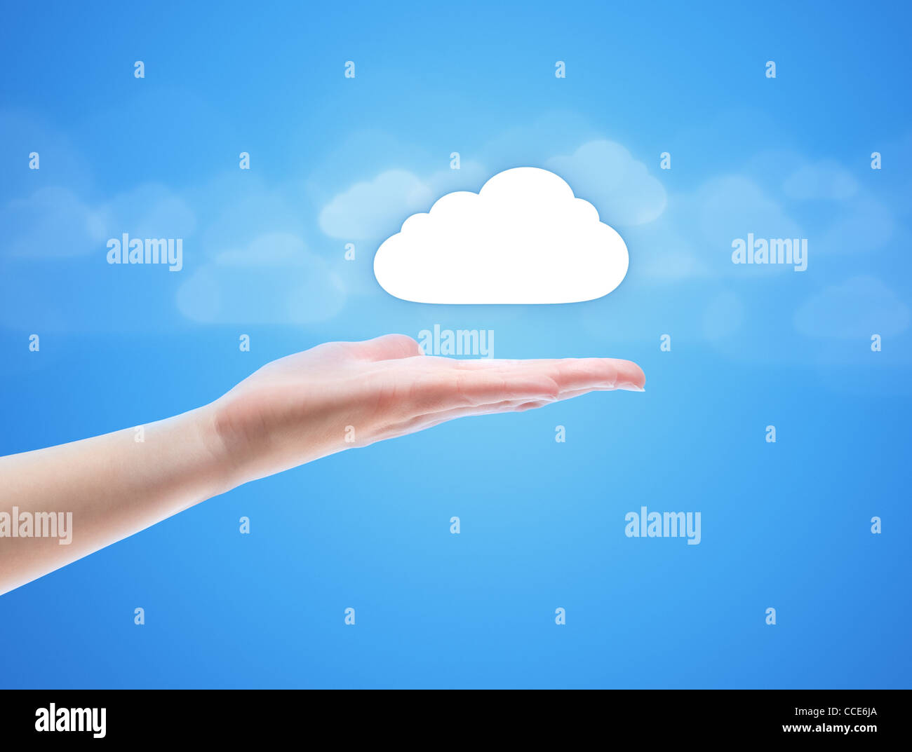 Woman Hand Share The Cloud Against Blue Background With Clouds Concept