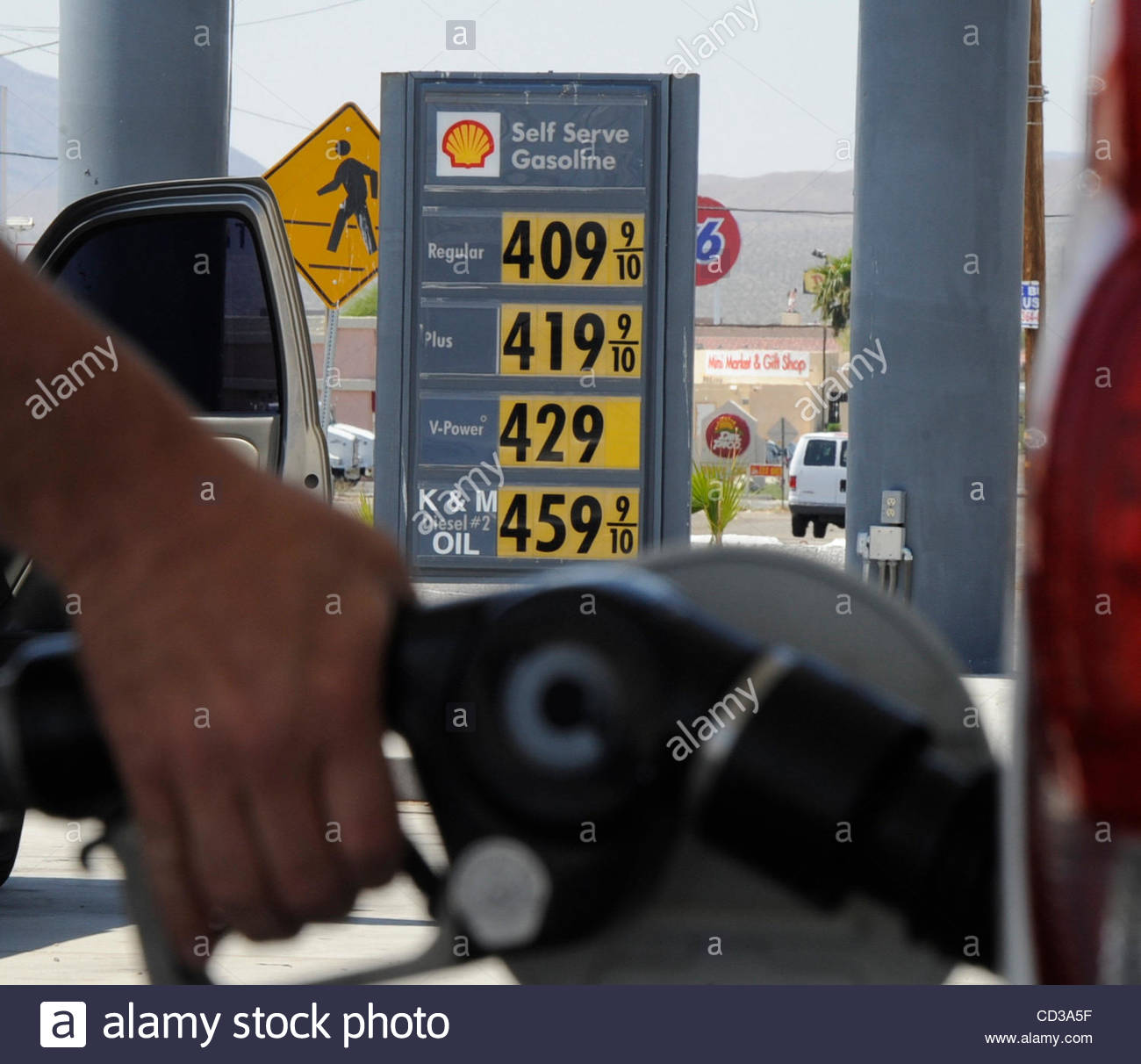 Gas price over 4 dollars a gallon in the town of Baker California Stock