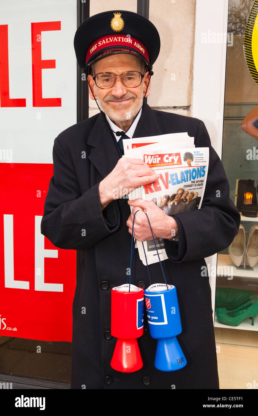 A volunteer charity worker collecting money for The Salvation Army in