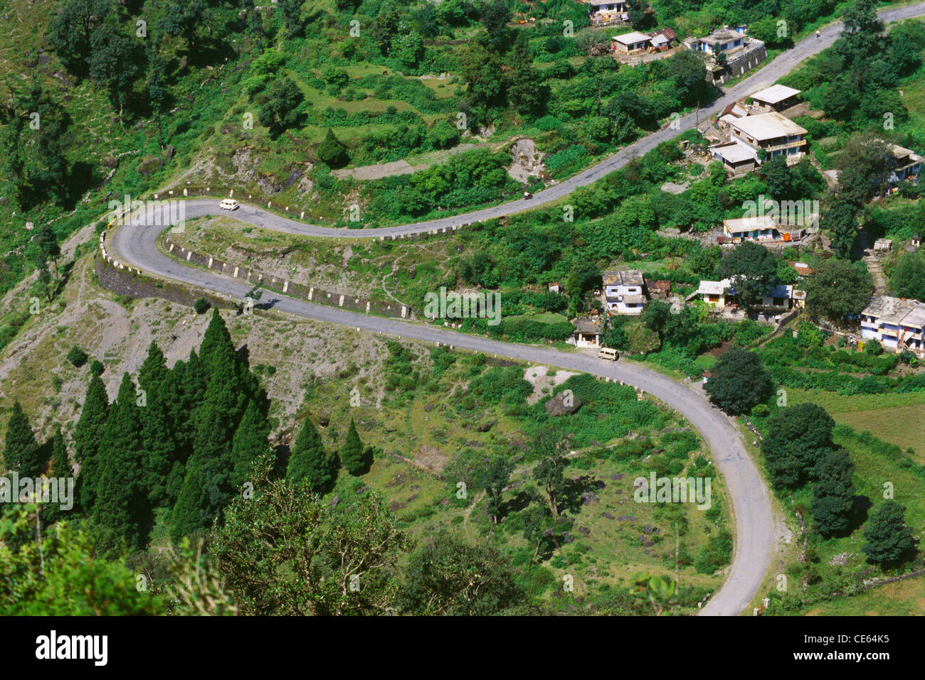 hairpin bend hairpin turn hairpin road Nainital Uttaranchal India Stock Photo, Royalty Free