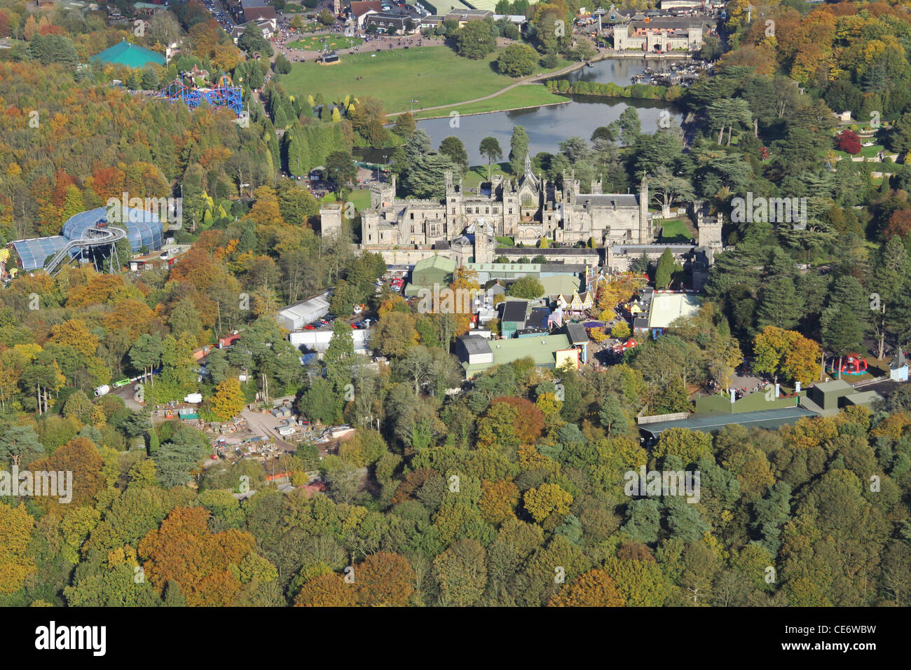 Aerial view of Alton Towers in Staffordshire Stock Photo, Royalty Free