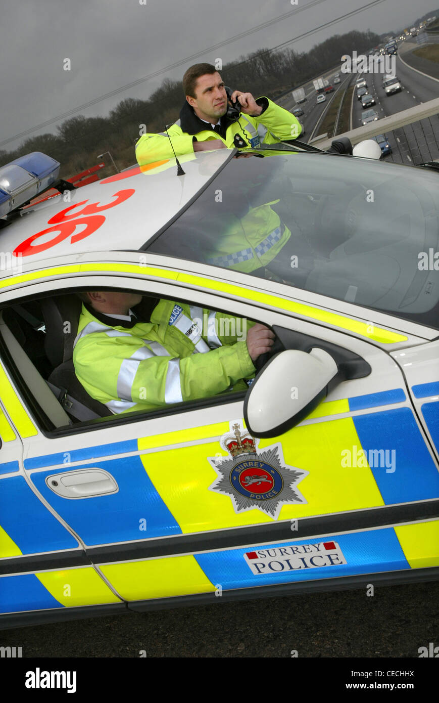 British traffic police officer on radio whilst observing the M25 Stock