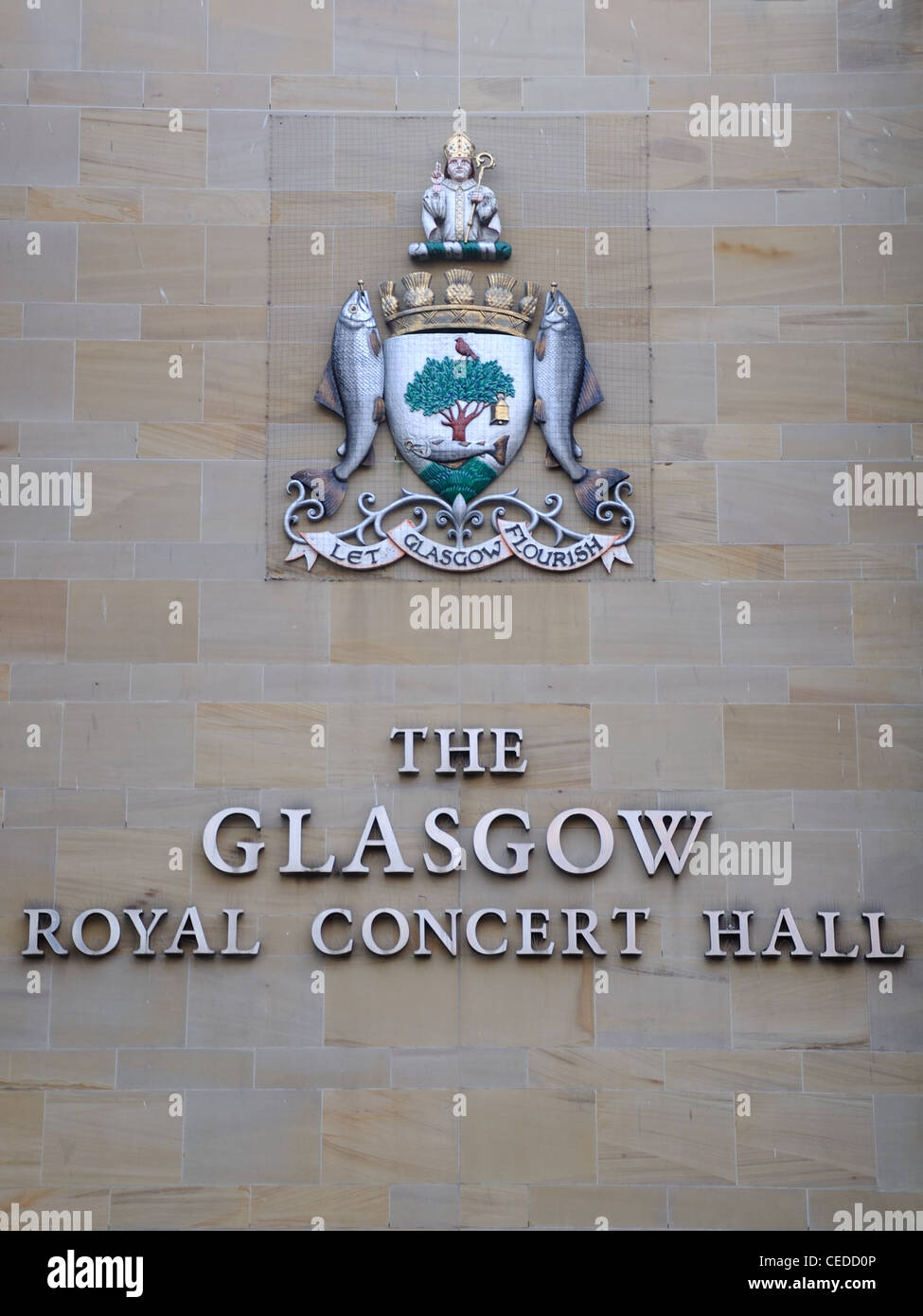 The Glasgow coat of arms, 'Let Glasgow Flourish' on the wall of the