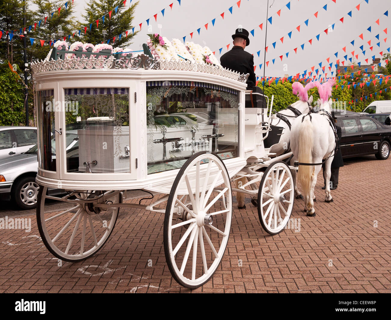 Horse Drawn Funeral Carriage at Sikh Temple in Hounslow London Stock Photo, Royalty Free Image
