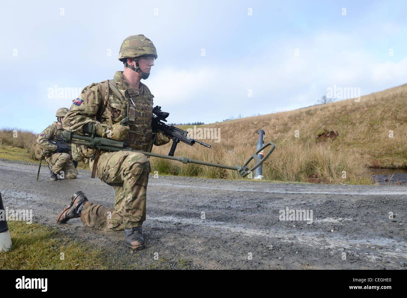 A British army solder 'Vallon man' looking for IED's using a Vallon