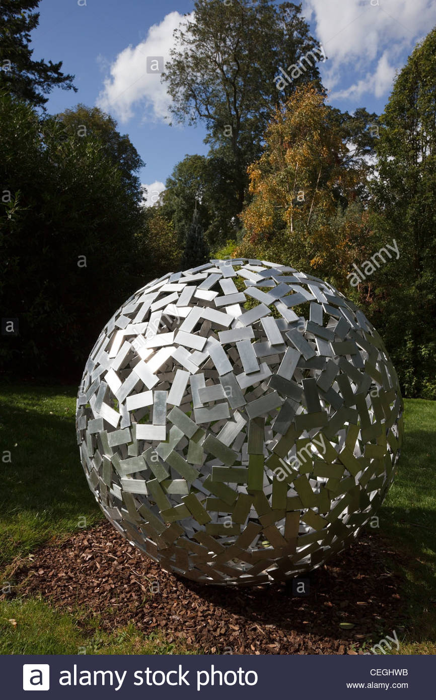 Modern art aluminium sphere sculpture in the Sculpture Garden Stock Photo, Royalty Free Image
