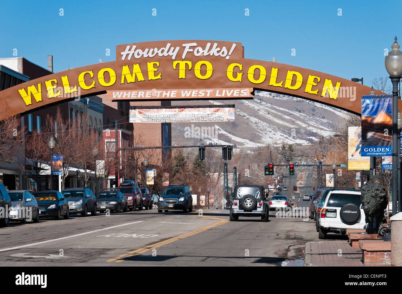 to Golden arch, Washington Street, Golden, Colorado Stock Photo