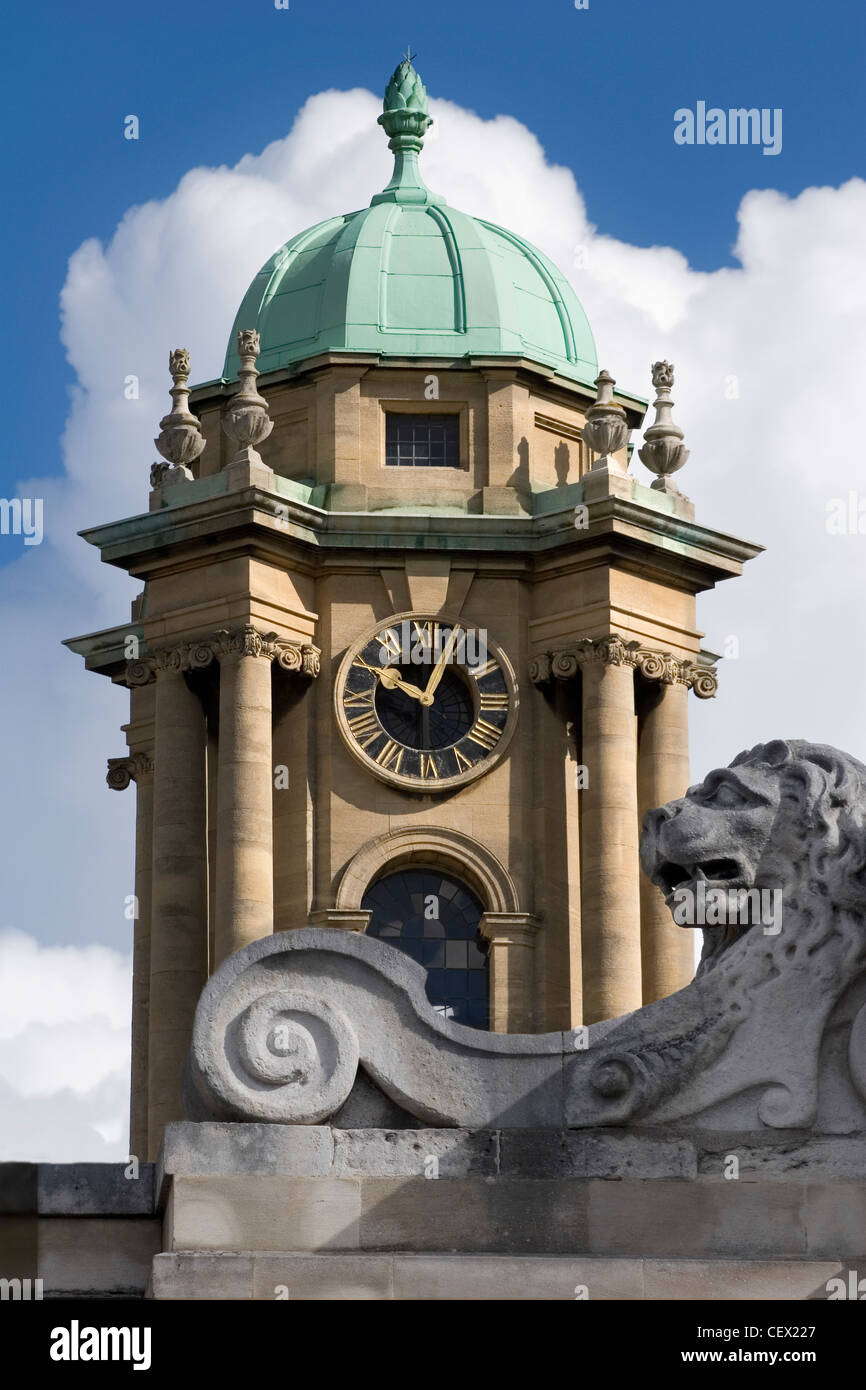 Clock Tower and Lion at Queen's College, Oxford Stock Photo, Royalty