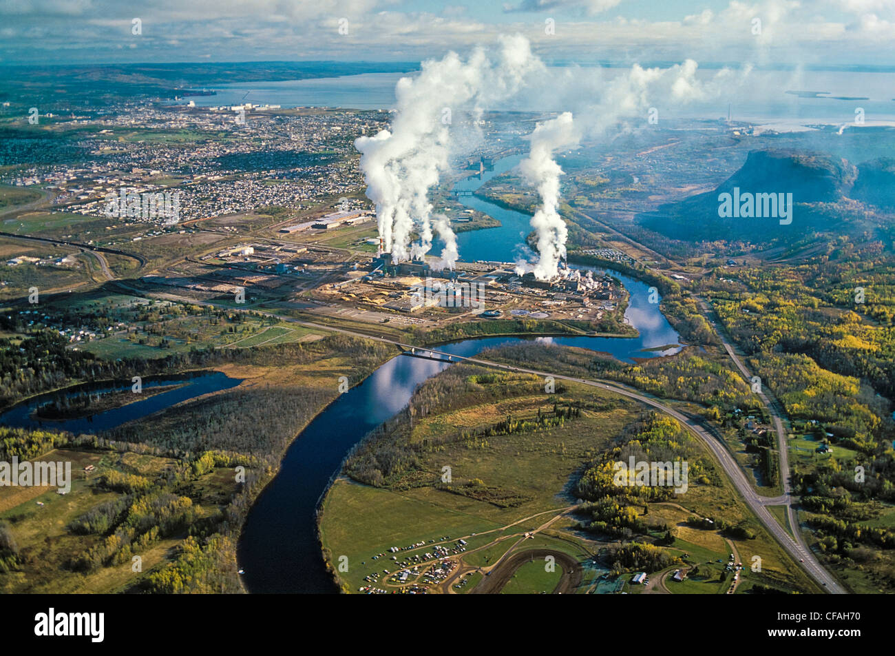 Aerial view head Lake Superior pulp paper mill Stock Photo, Royalty