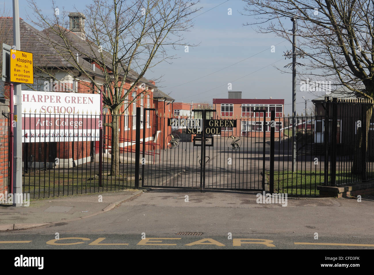 The main entrance gates of Harper Green School. A secondary school