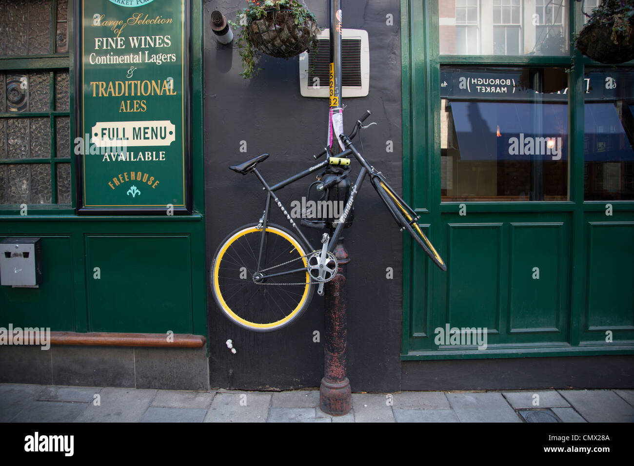 bike-chained-up-a-lamppost-outside-a-pub