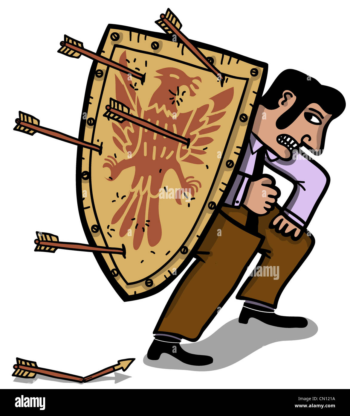 man cover from arrow attack with a eagle logo shield Stock Photo, Royalty Free Image 47352070