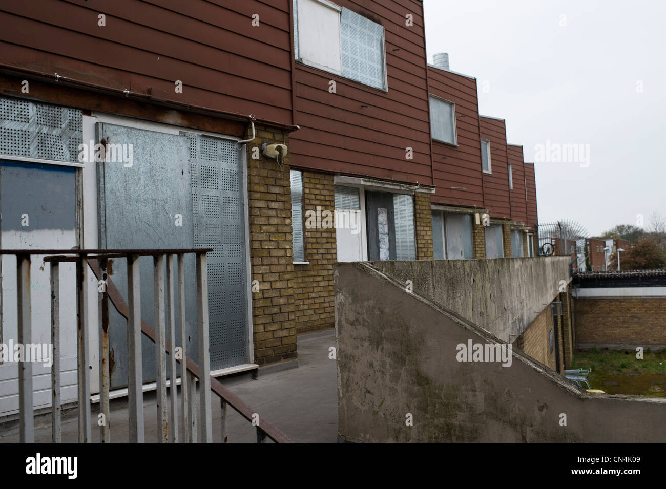 Boarded up social housing on sink estate in Basildon, Essex. The Stock