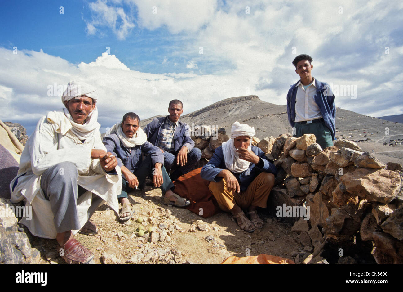 Portrait of a group of moroccan berber men at Atlas Mountains Stock