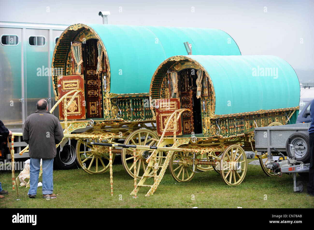 A pair of highly decorative horse drawn caravan or Gypsy wagon at the